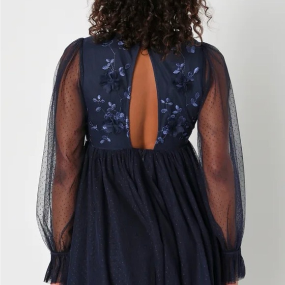 Lulus Navy Blue Long Sleeve Lacy Open Back Mini Dress Size Small NWT - Picture 6 of 6